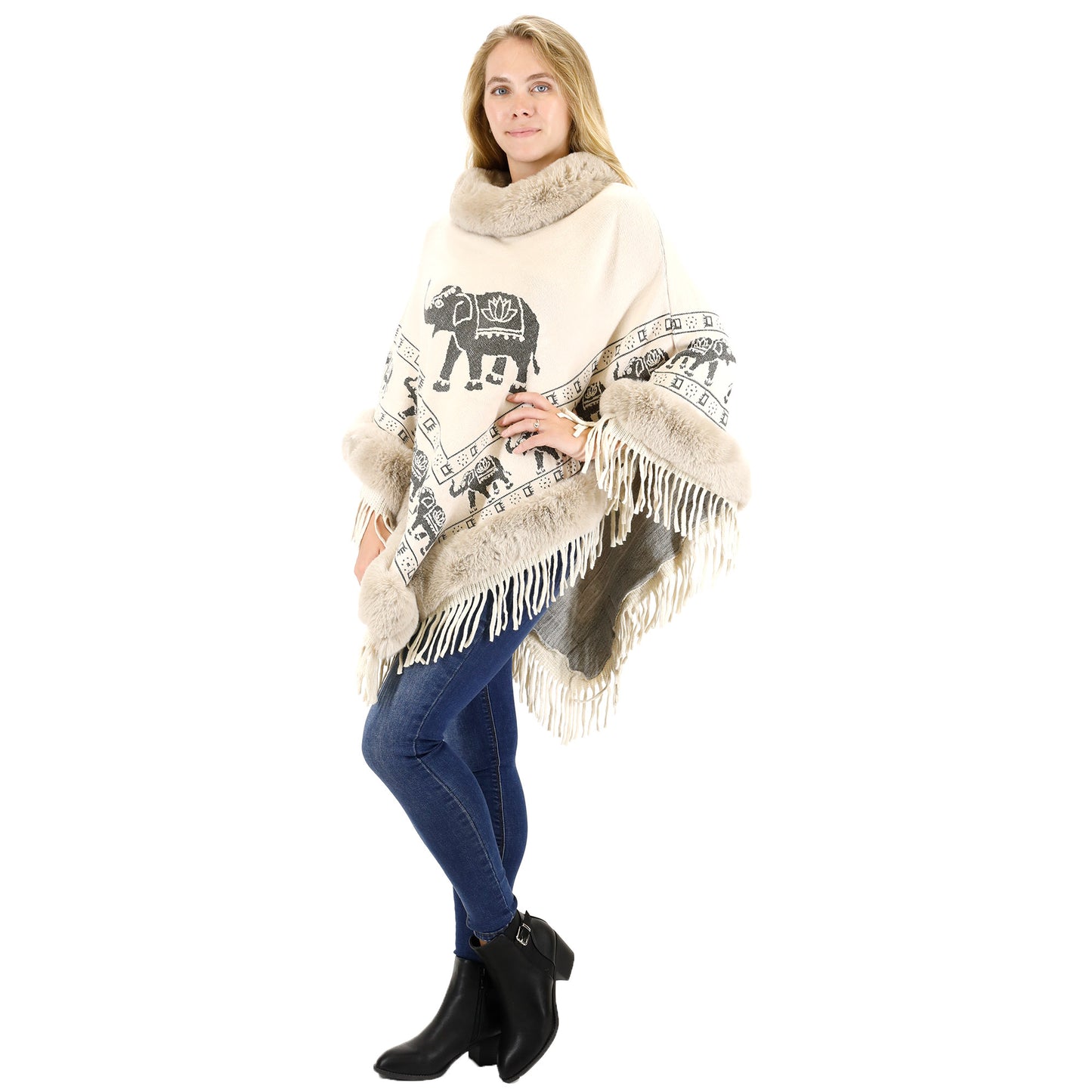 Elephant Pattern Fur Fringed Poncho P191 (12PC)