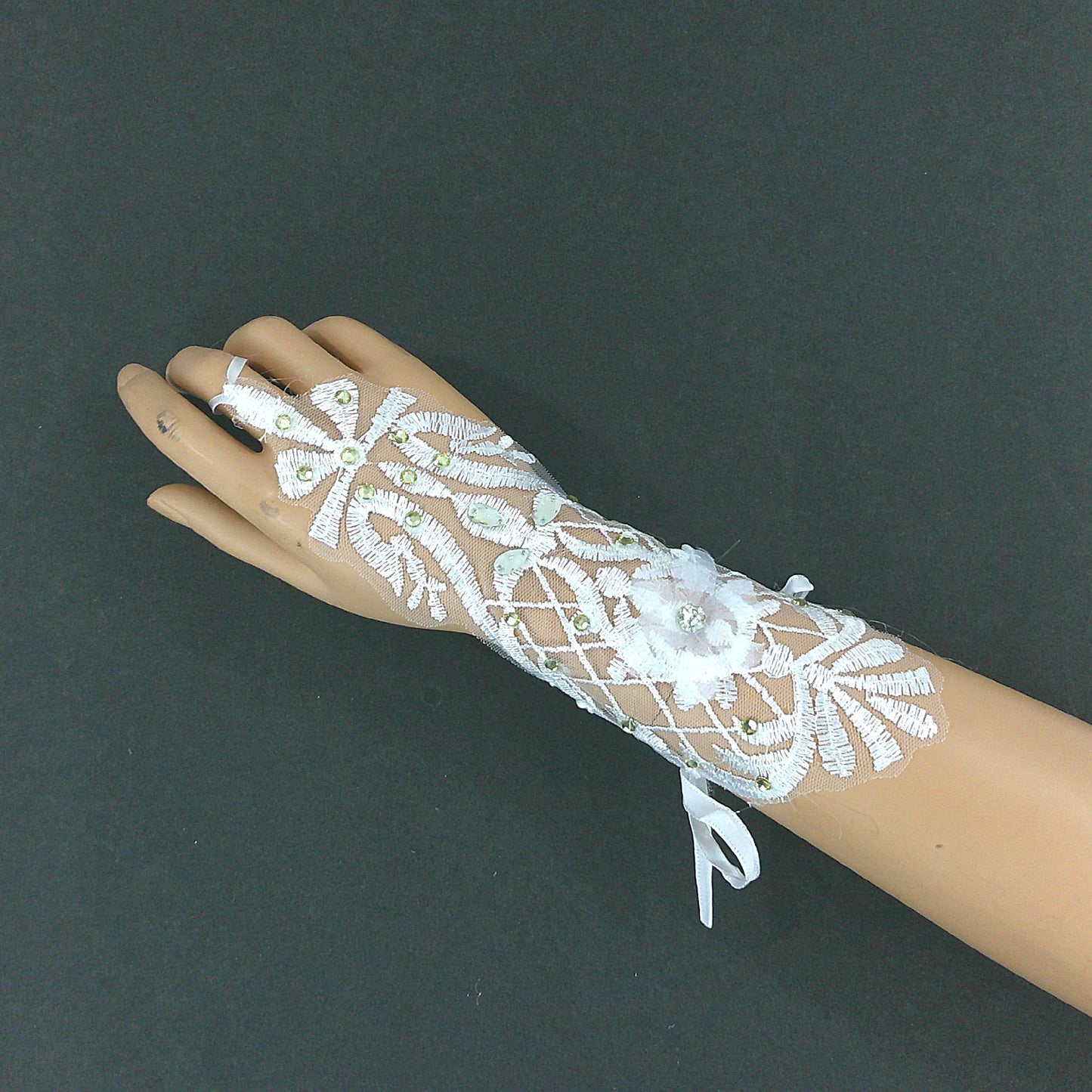 Rhinestone Floral Embroidery Lace Fingerless Wedding Gloves WG142 (3pc)