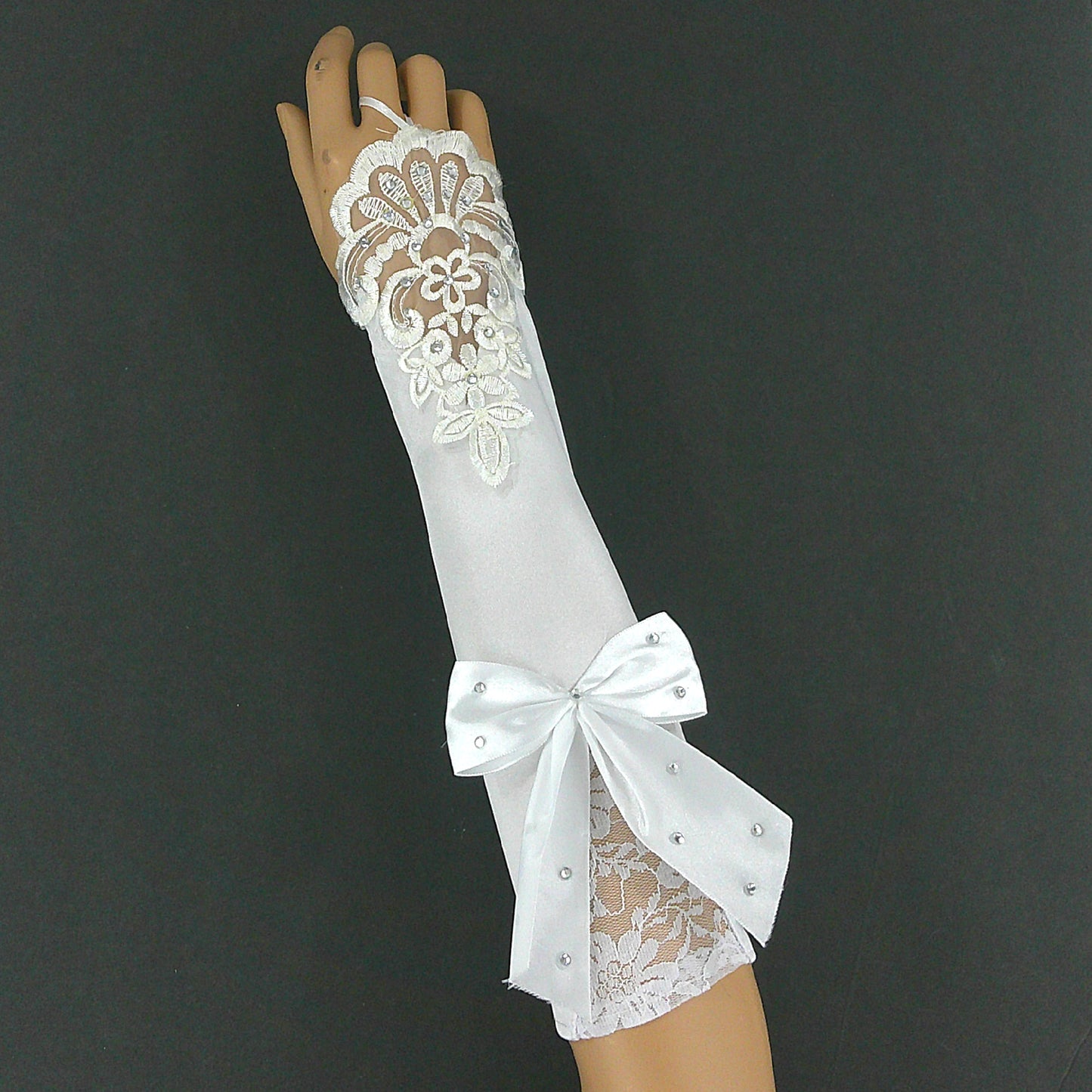 Bow Embroidery Lace Fingerless Satin Gloves WG143 (2pc)