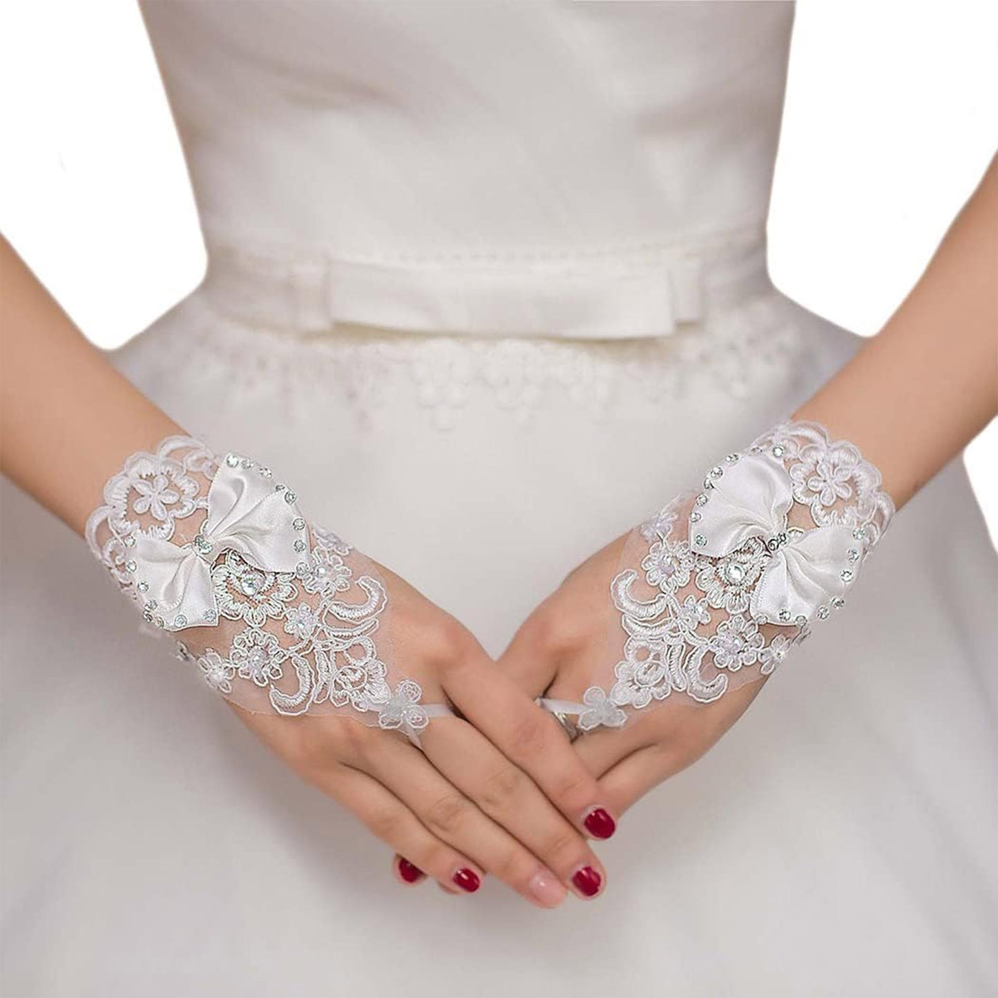 Rhinestone Bow Embroidery Lace Fingerless Wedding Gloves WG137 (4pc)
