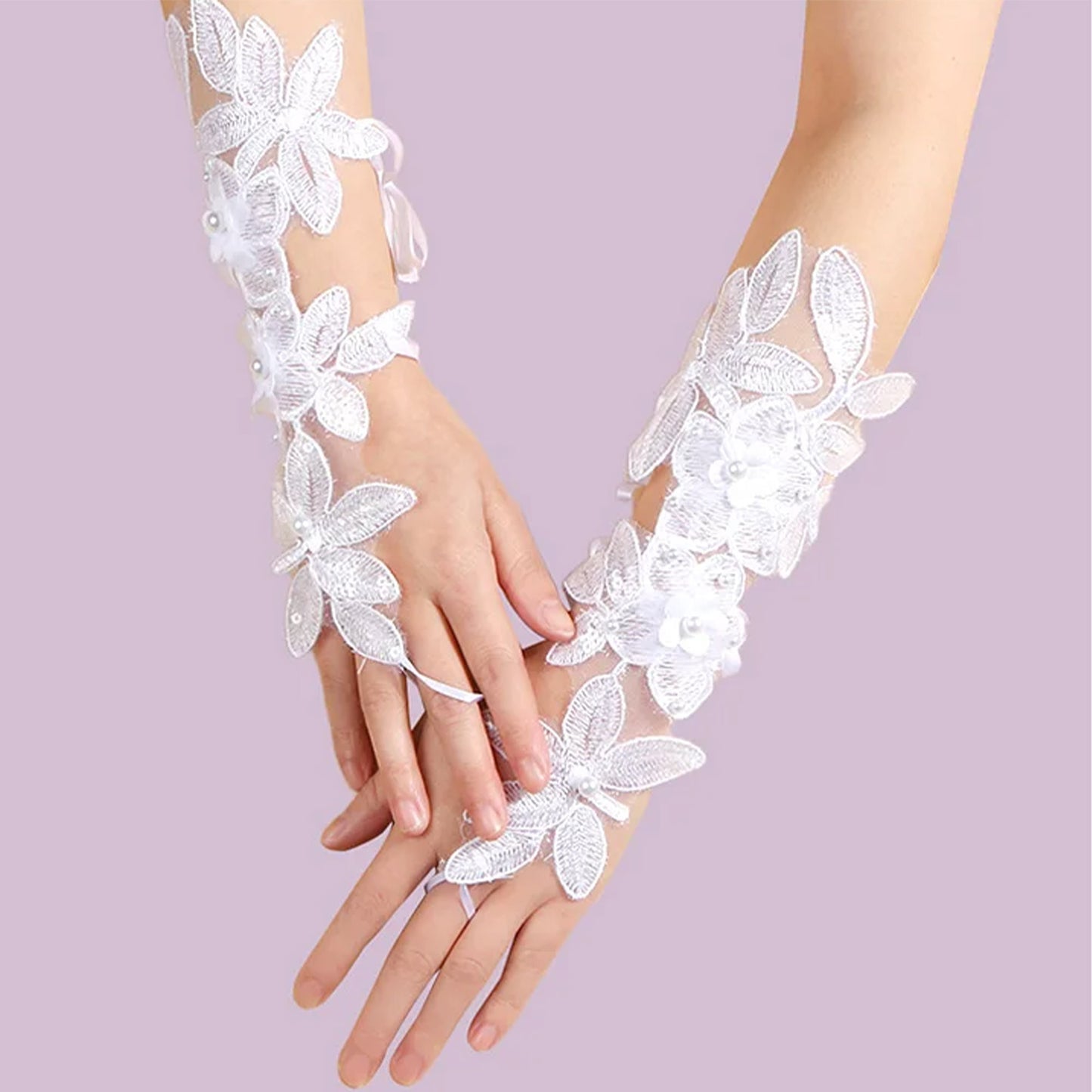 Pearl Floral Embroidery Lace Fingerless Wedding Gloves WG138 (4pc)