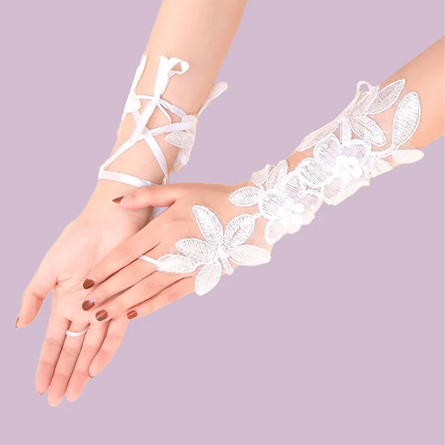 Pearl Floral Embroidery Lace Fingerless Wedding Gloves WG138 (4pc)