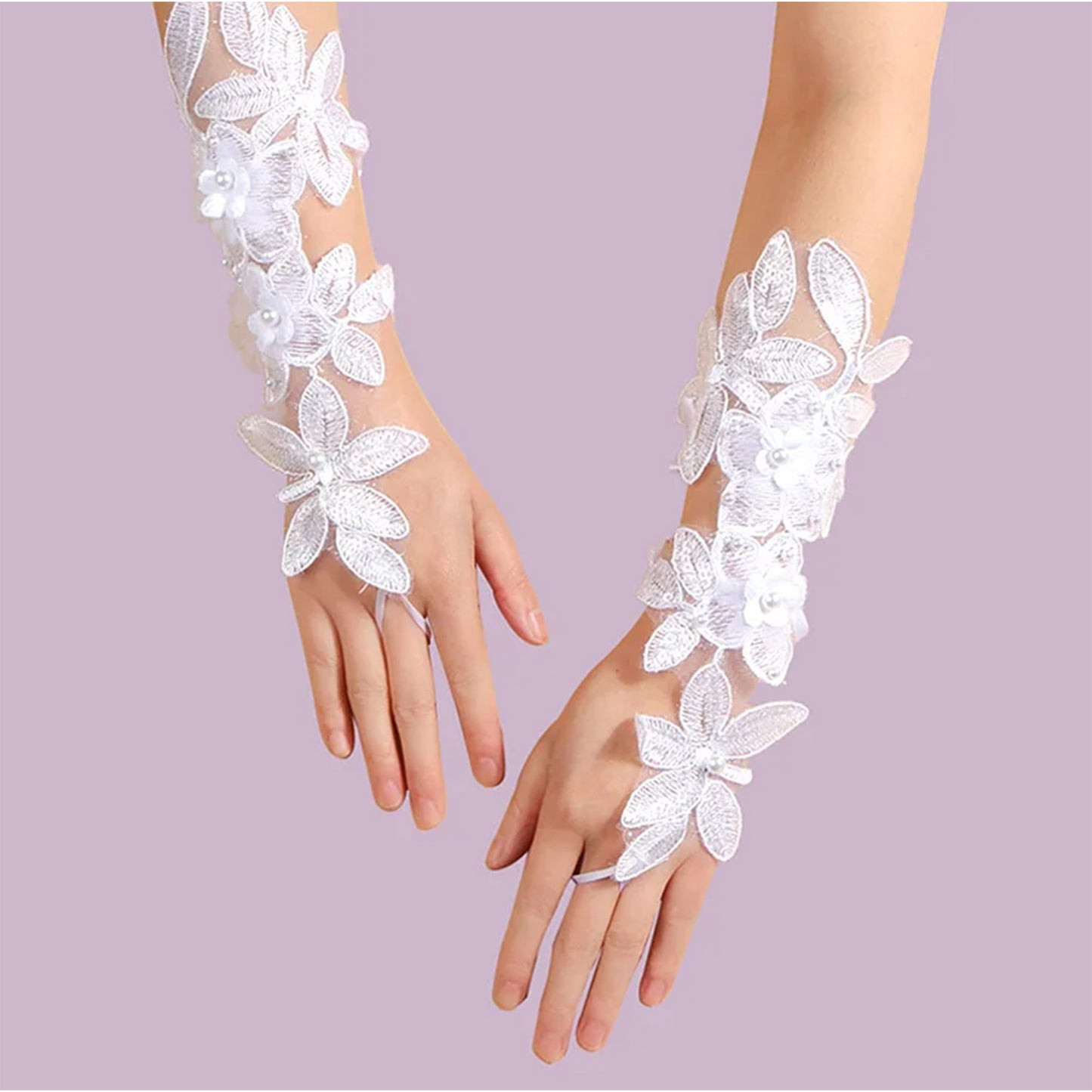 Pearl Floral Embroidery Lace Fingerless Wedding Gloves WG138 (4pc)