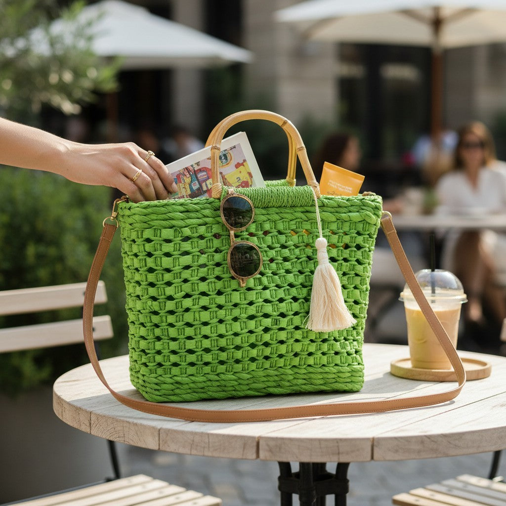 Rattan Beach Tote Shoulder Bag With Tassel BG4225-2n (2pc)