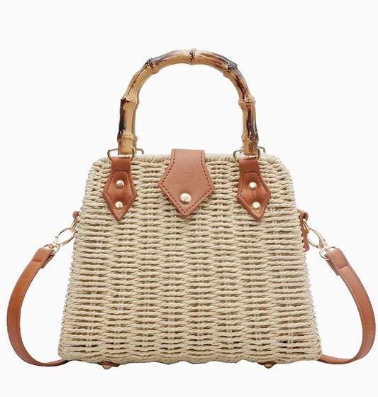 Rattan Beach Tote Shoulder Bag With Bamboo Handle BG4225-12. (1pc)
