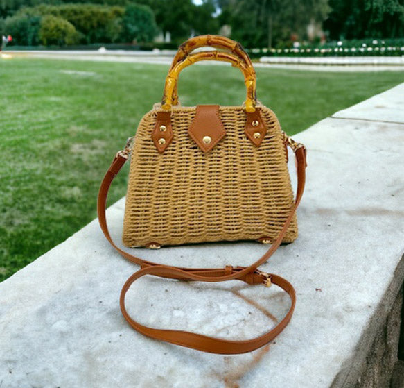 Rattan Beach Tote Shoulder Bag With Bamboo Handle BG4225-12. (1pc)