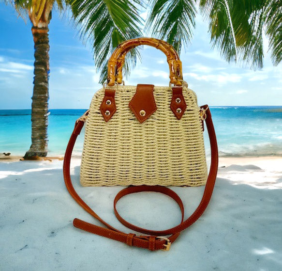 Rattan Beach Tote Shoulder Bag With Bamboo Handle BG4225-12. (1pc)