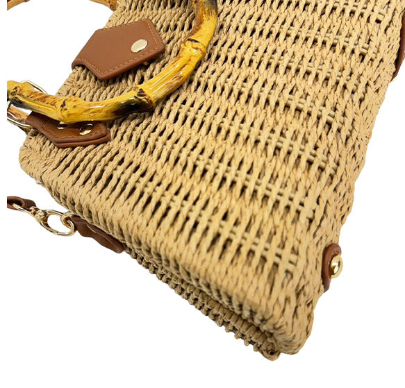 Rattan Beach Tote Shoulder Bag With Bamboo Handle BG4225-12. (1pc)