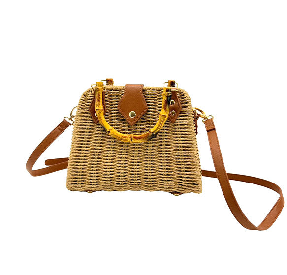 Rattan Beach Tote Shoulder Bag With Bamboo Handle BG4225-12. (1pc)