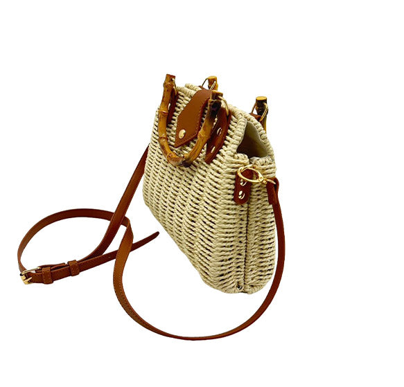 Rattan Beach Tote Shoulder Bag With Bamboo Handle BG4225-12. (1pc)