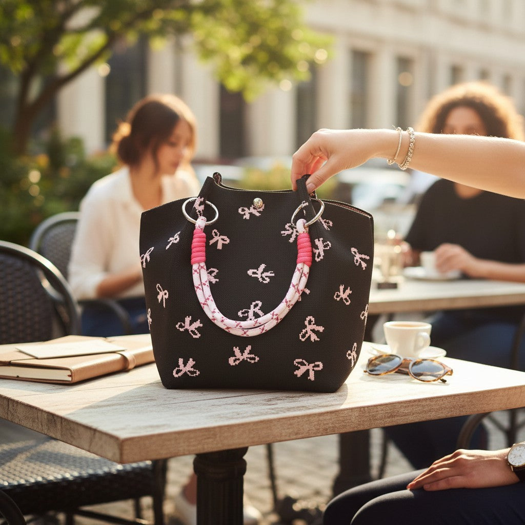 Pink Ribbon Pattern Cord Strap Knitted Tote Bag BG6313-4.(3PC)