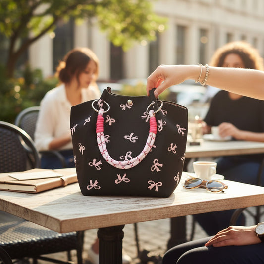 Pink Ribbon Pattern Cord Strap Knitted Tote Bag BG6313-4 (3PC)