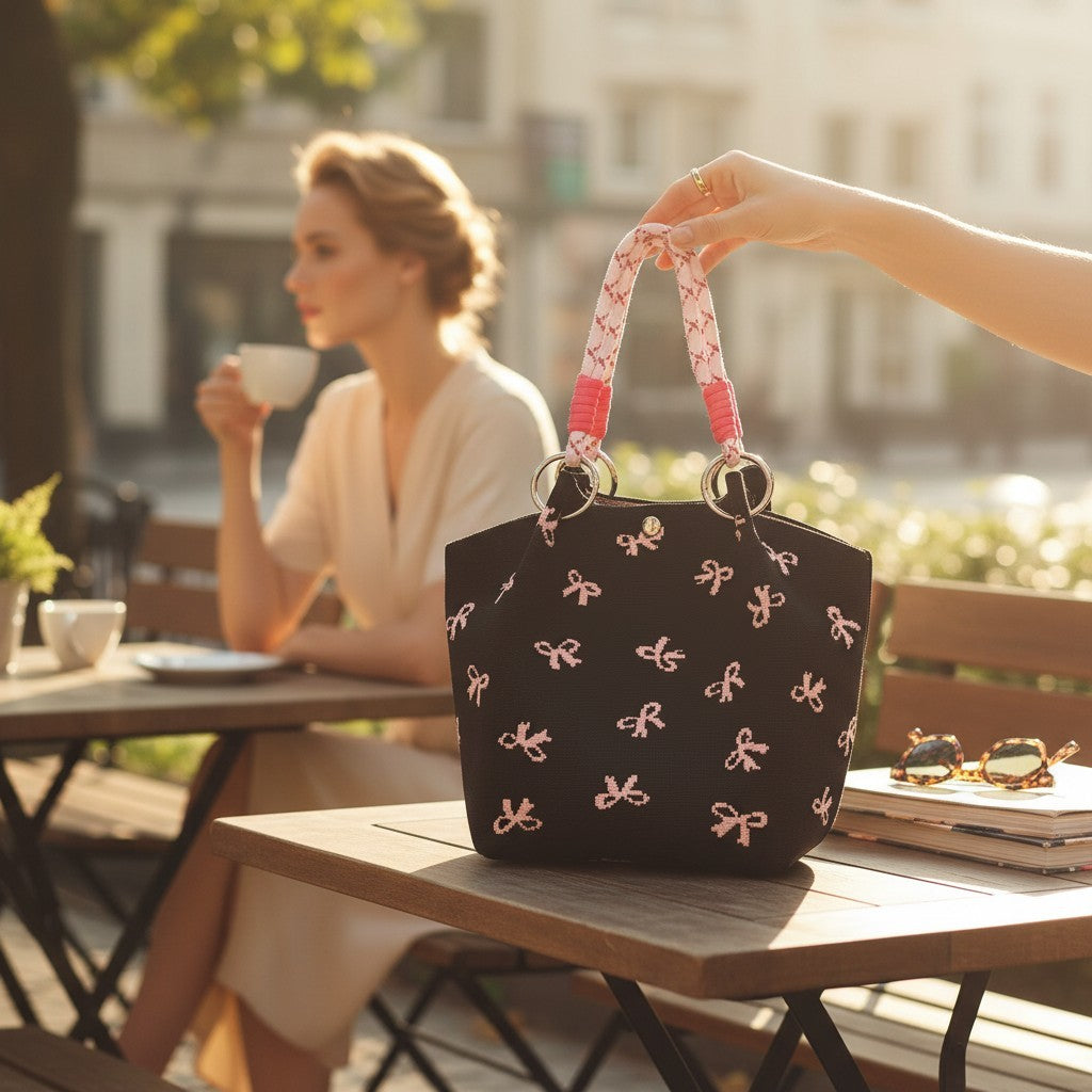 Pink Ribbon Pattern Cord Strap Knitted Tote Bag BG6313-4.(3PC)