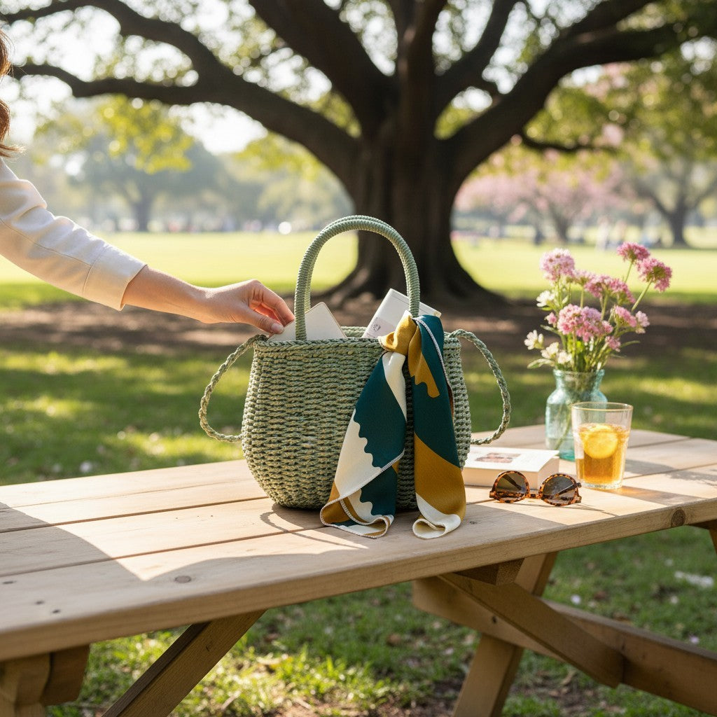 Rattan Beach Tote Shoulder Bag With Scarf BG4225-4n (2pc)