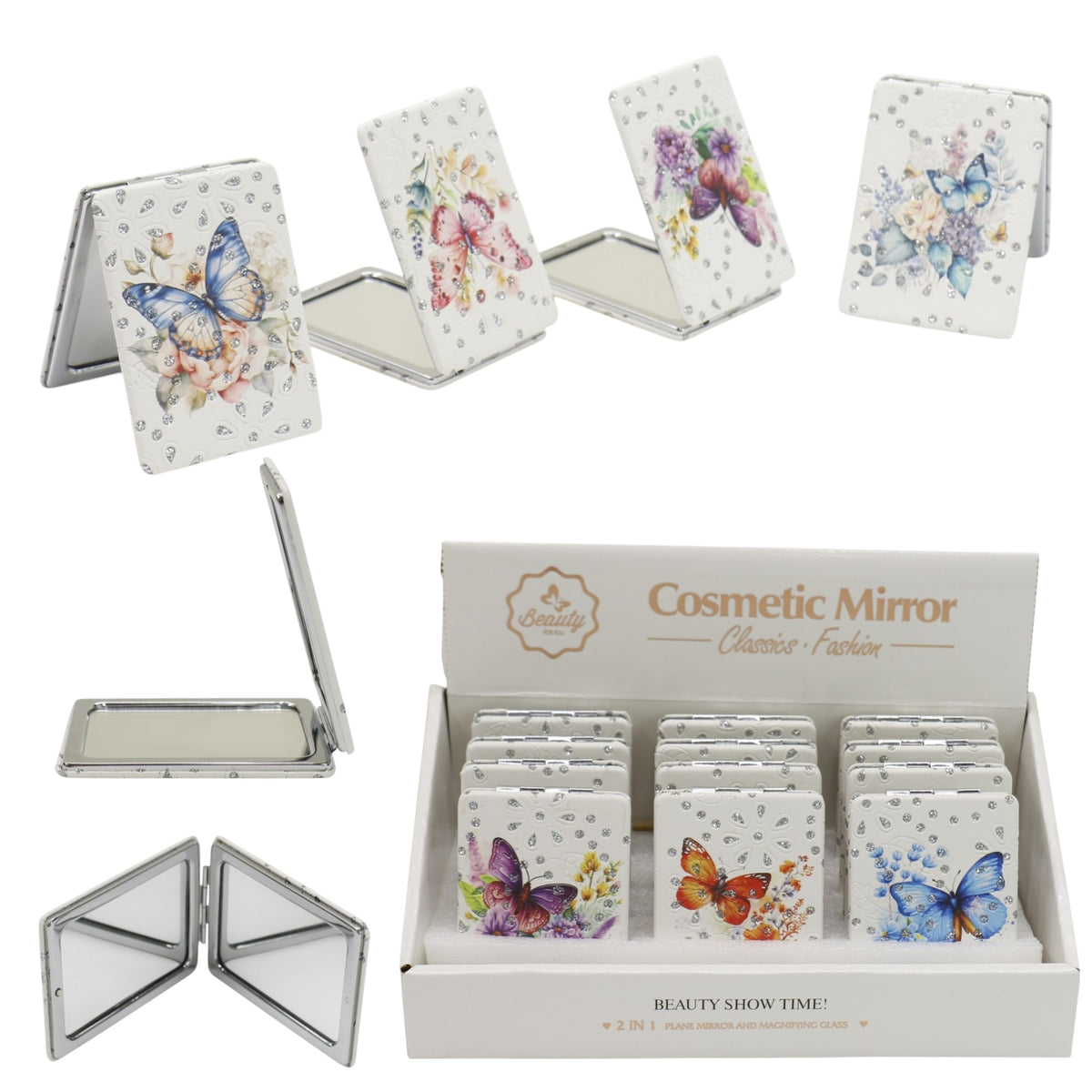 Butterfly Floral Rectangular Glitter Compact Makeup Mirror JM6423-16 (12PC)