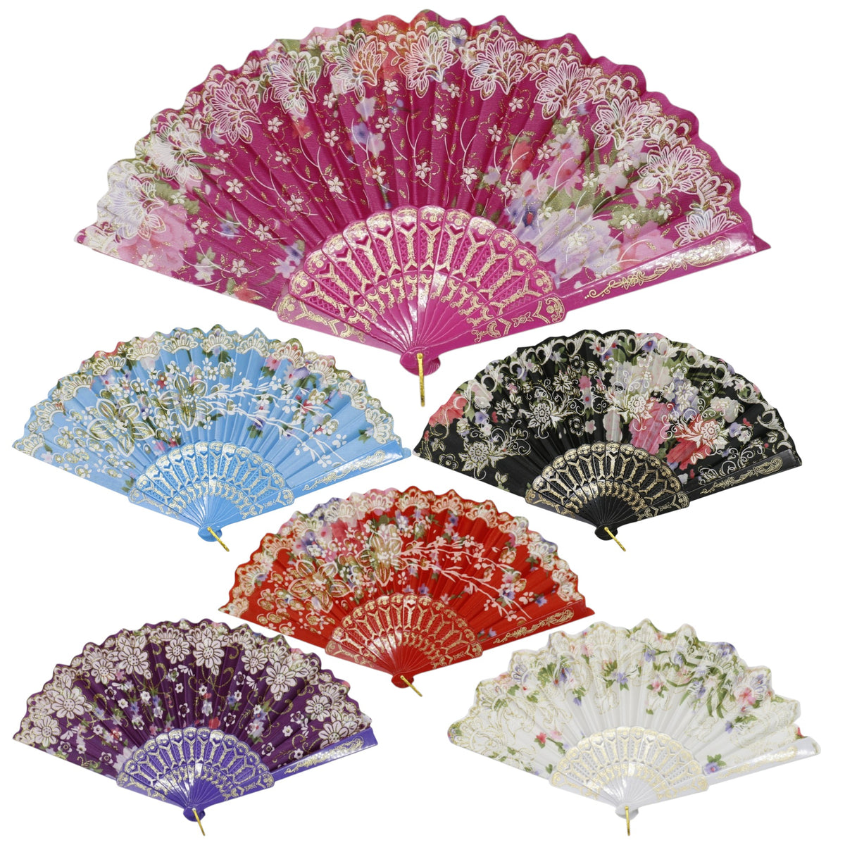 Gold Glitter Floral Colorful Hand Held Folding Fan JF6423-10 (12PC)