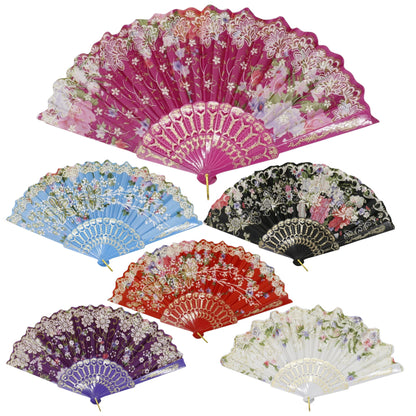 Gold Glitter Floral Colorful Hand Held Folding Fan JF6423-10 (12PC)