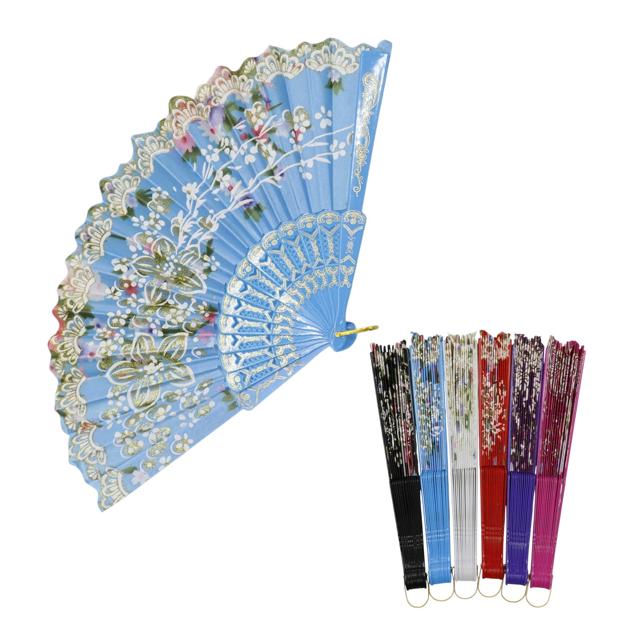 Gold Glitter Floral Colorful Hand Held Folding Fan JF6423-10 (12PC)