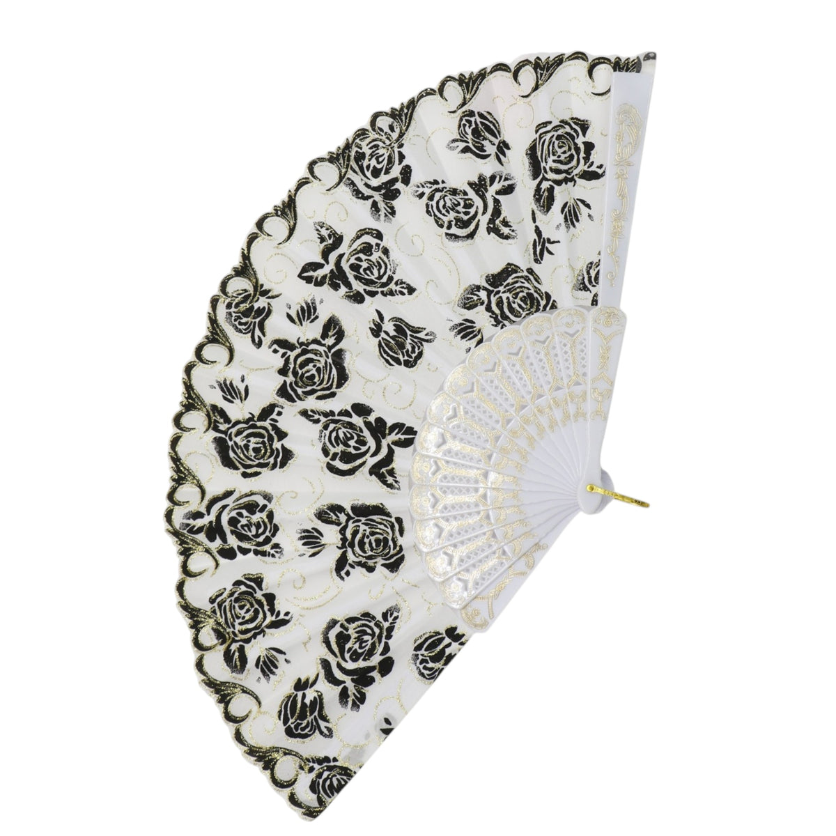 Black Floral Gold Glitter White Frame Hand Held Folding Fan JF6323-3. (12PC)