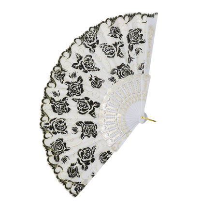 Black Floral Gold Glitter White Frame Hand Held Folding Fan JF6323-3. (12PC)