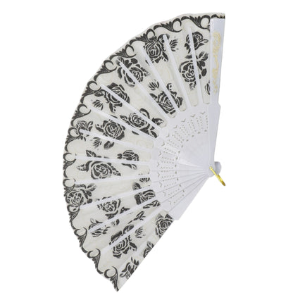 Black Floral Gold Glitter White Frame Hand Held Folding Fan JF6323-3. (12PC)