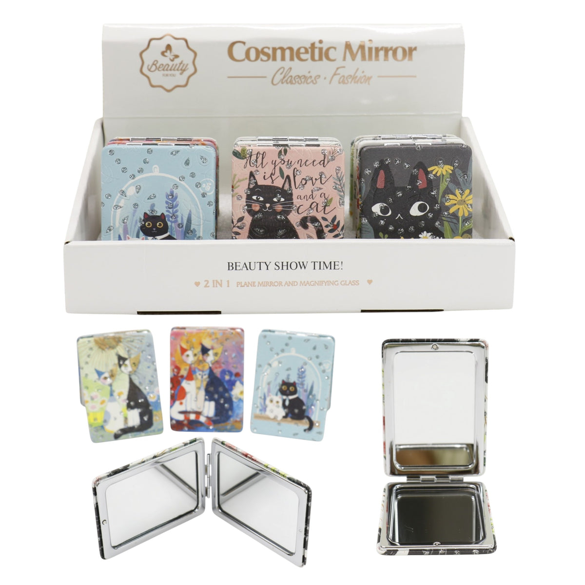 Cat Cartoon Rectangular Glitter Compact Makeup Mirror JM6423-30 (12PC)