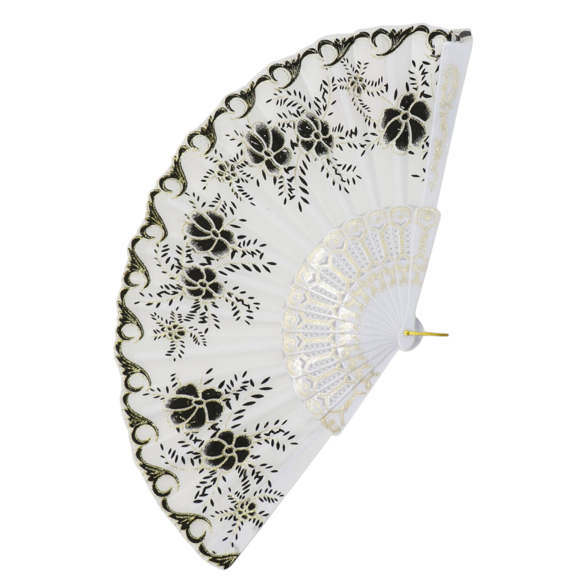 Black Floral Gold Glitter White Frame Hand Held Folding Fan JF6323-3. (12PC)