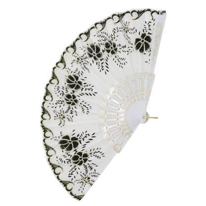 Black Floral Gold Glitter White Frame Hand Held Folding Fan JF6323-3. (12PC)
