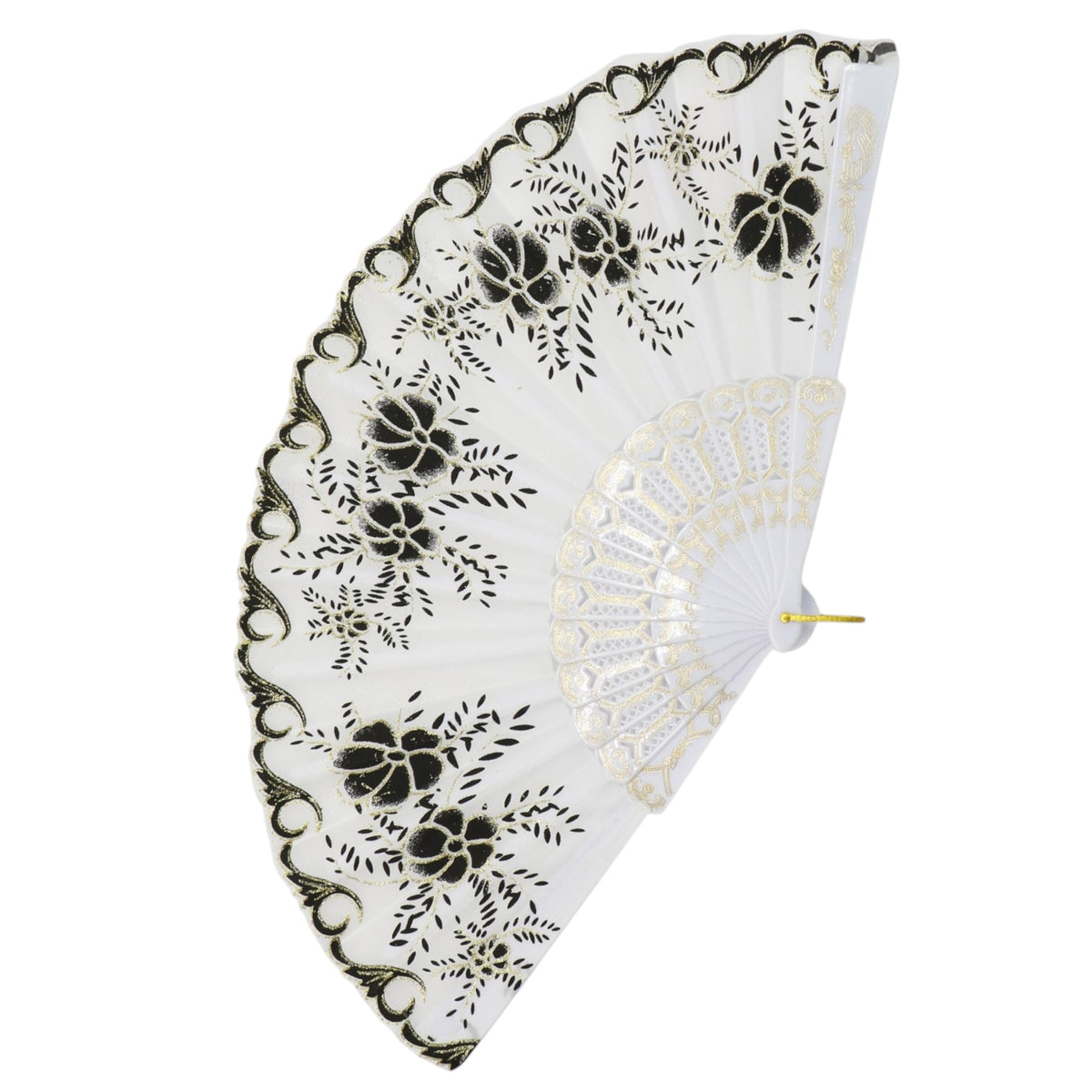 Black Floral Gold Glitter White Frame Hand Held Folding Fan JF6323-3. (12PC)