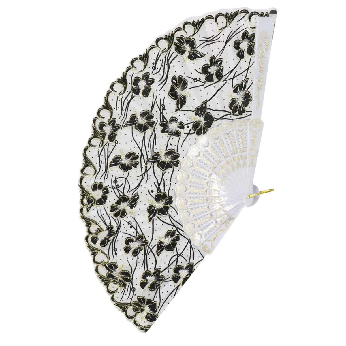 Black Floral Gold Glitter White Frame Hand Held Folding Fan JF6323-3. (12PC)
