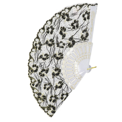 Black Floral Gold Glitter White Frame Hand Held Folding Fan JF6323-3. (12PC)