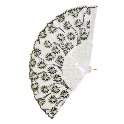 Black Floral Gold Glitter White Frame Hand Held Folding Fan JF6323-3. (12PC)