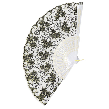 Black Floral Gold Glitter White Frame Hand Held Folding Fan JF6323-3. (12PC)