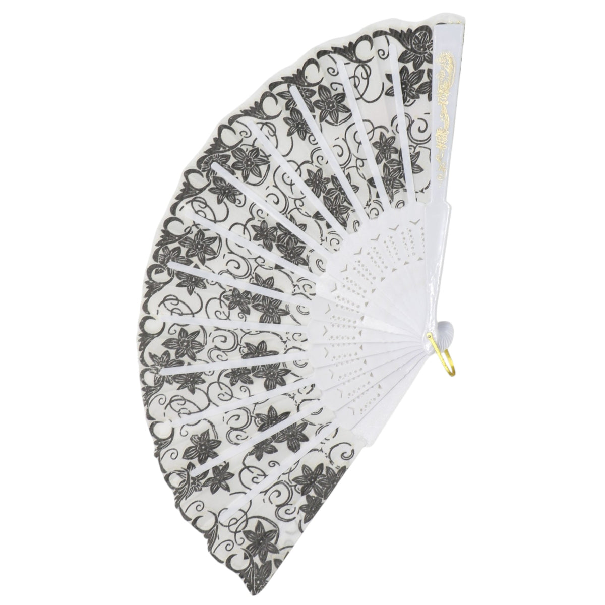 Black Floral Gold Glitter White Frame Hand Held Folding Fan JF6323-3. (12PC)
