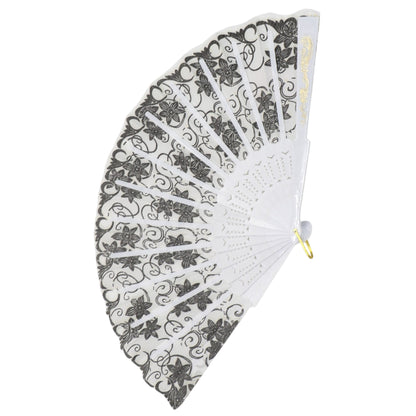 Black Floral Gold Glitter White Frame Hand Held Folding Fan JF6323-3. (12PC)