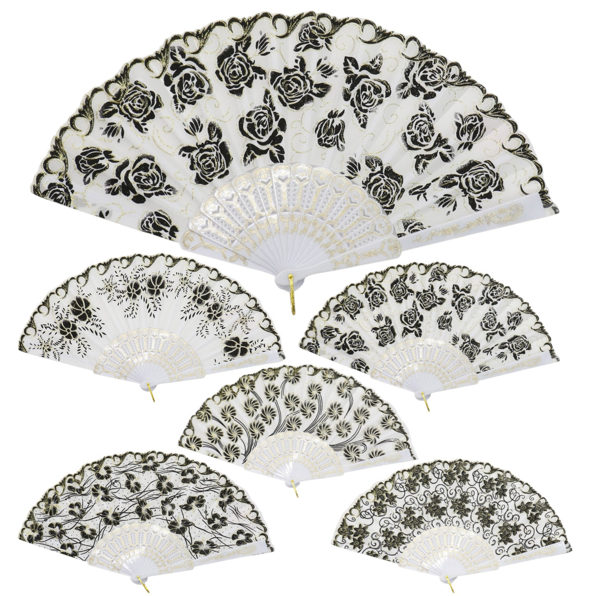 Black Floral Gold Glitter White Frame Hand Held Folding Fan JF6323-3. (12PC)