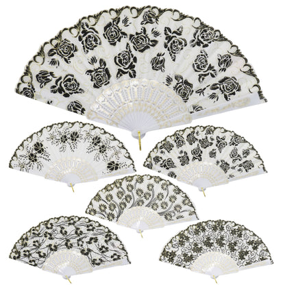 Black Floral Gold Glitter White Frame Hand Held Folding Fan JF6323-3. (12PC)