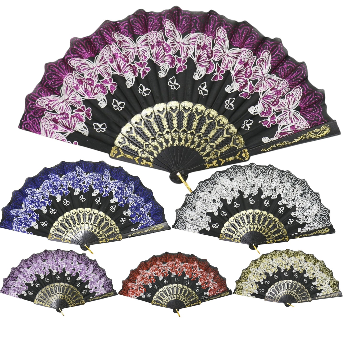 Butterfly Floral Glitter Handheld Folding Fan FNSZ09 (12PC)