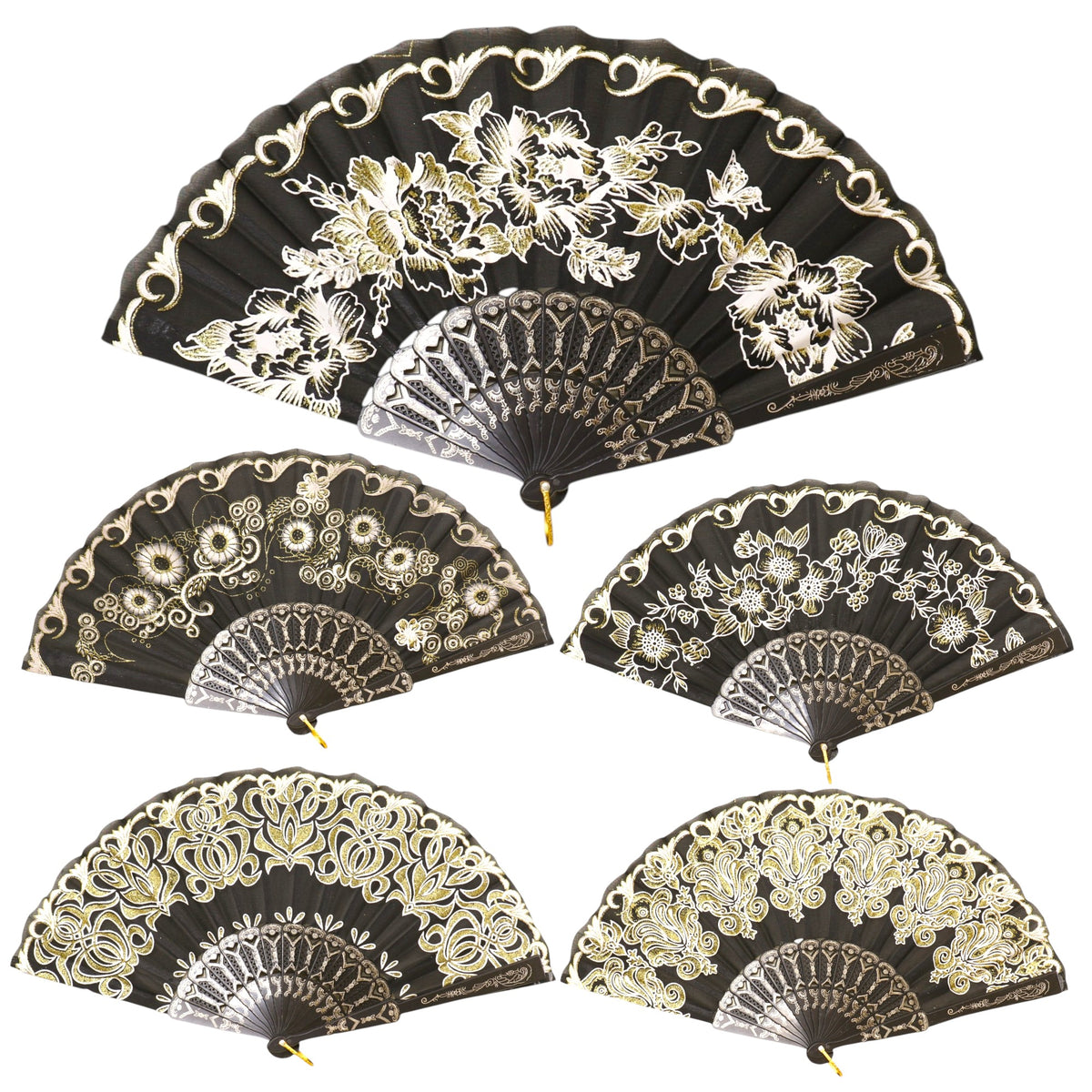 Black Floral Gold Glitter Black Frame Hand Held Folding Fan SZ08 (12PC)