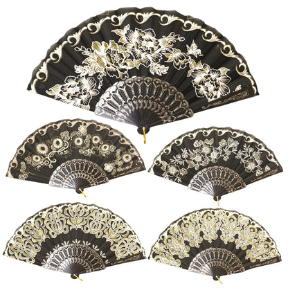 Black Floral Gold Glitter Black Frame Hand Held Folding Fan SZ08 (12PC)