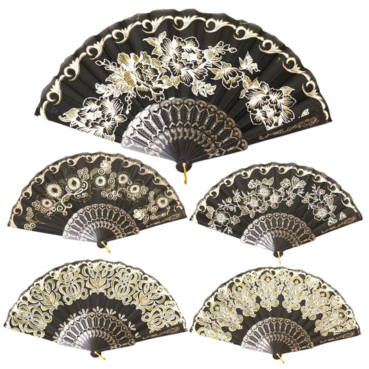 Black Floral Gold Glitter Black Frame Hand Held Folding Fan SZ08 (12PC)