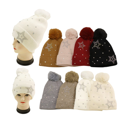 Pom Pom Knitted Beanie With Rhinestone H20-59 (12PC)