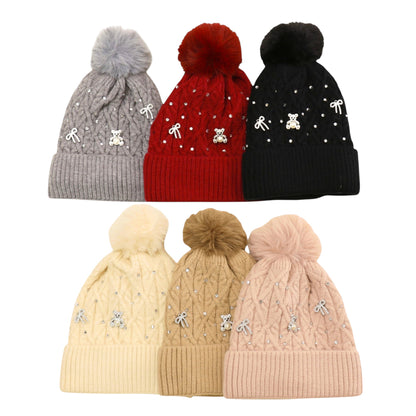 Pom Pom Knitted Beanie With Rhinestone H20-62 (12PC)