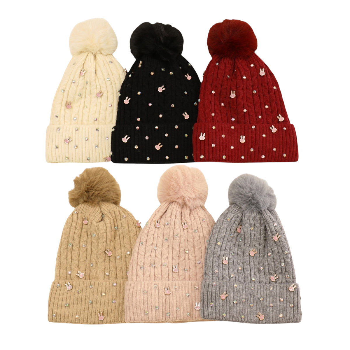 Pom Pom Knitted Beanie With Rhinestone H20-61 (12PC)