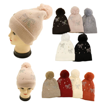 Pom Pom Knitted Beanie With Rhinestone H20-57 (12PC)