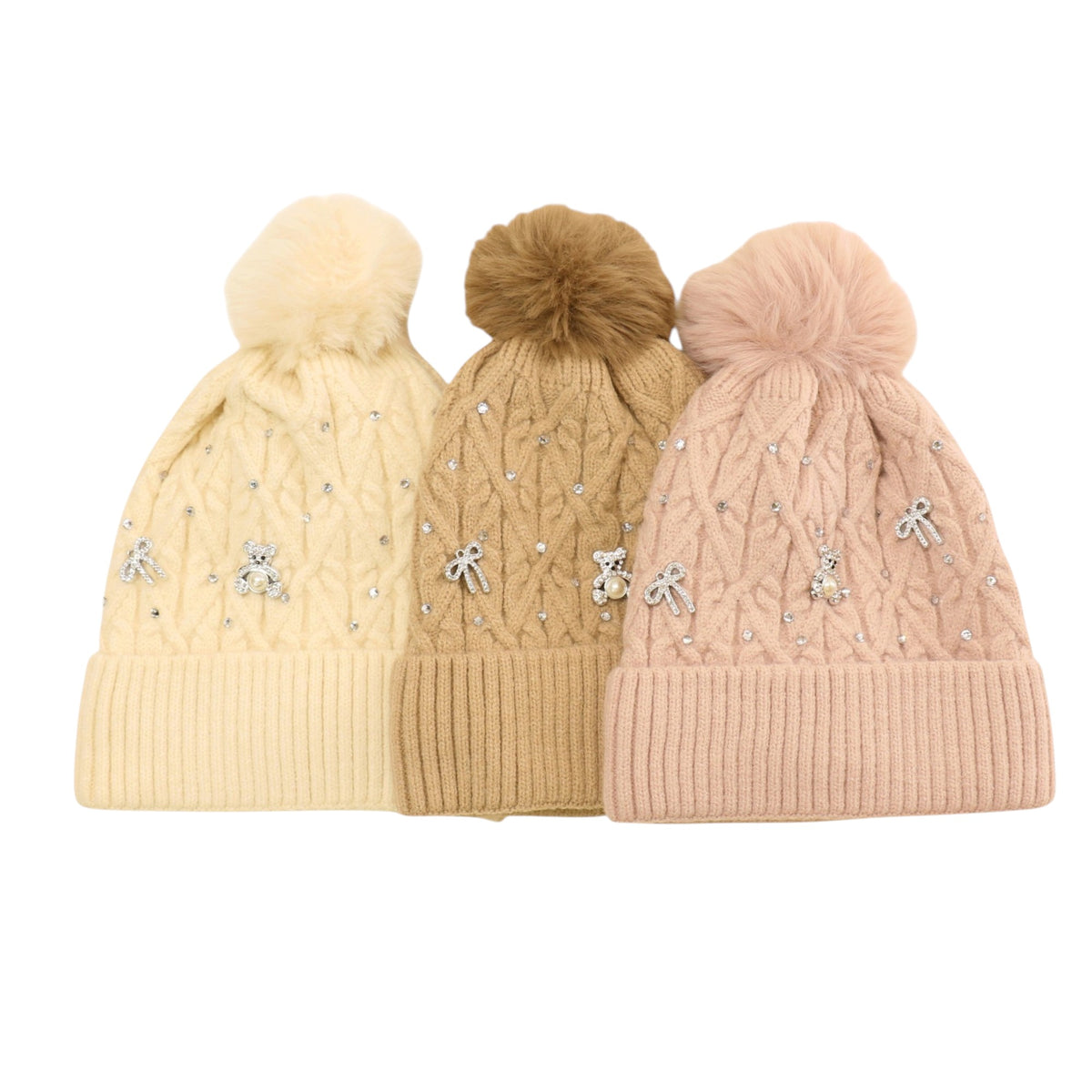 Pom Pom Knitted Beanie With Rhinestone H20-62 (12PC)