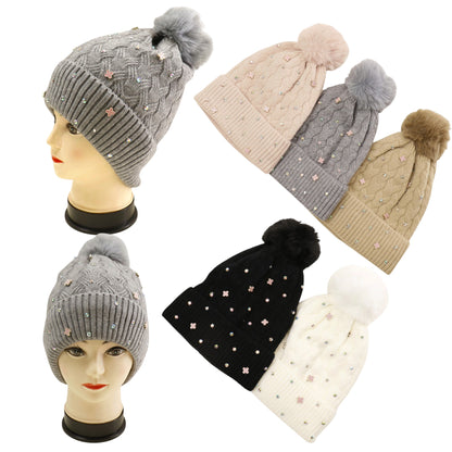Pom Pom Knitted Beanie With Rhinestone H20-60 (12PC)