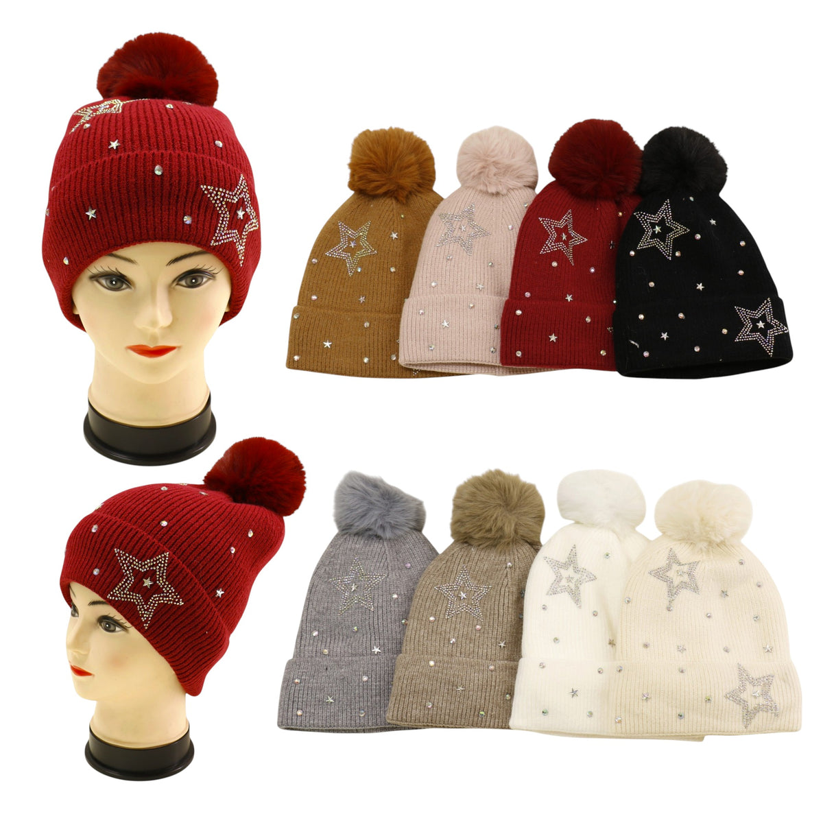 Pom Pom Knitted Beanie With Rhinestone H20-59 (12PC)