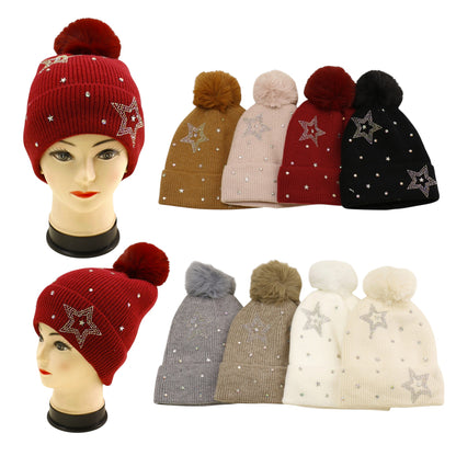 Pom Pom Knitted Beanie With Rhinestone H20-59 (12PC)