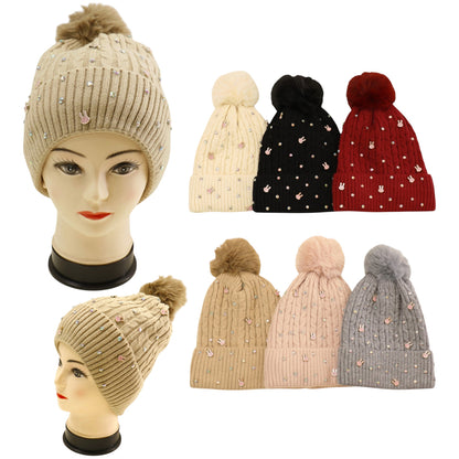 Pom Pom Knitted Beanie With Rhinestone H20-61 (12PC)